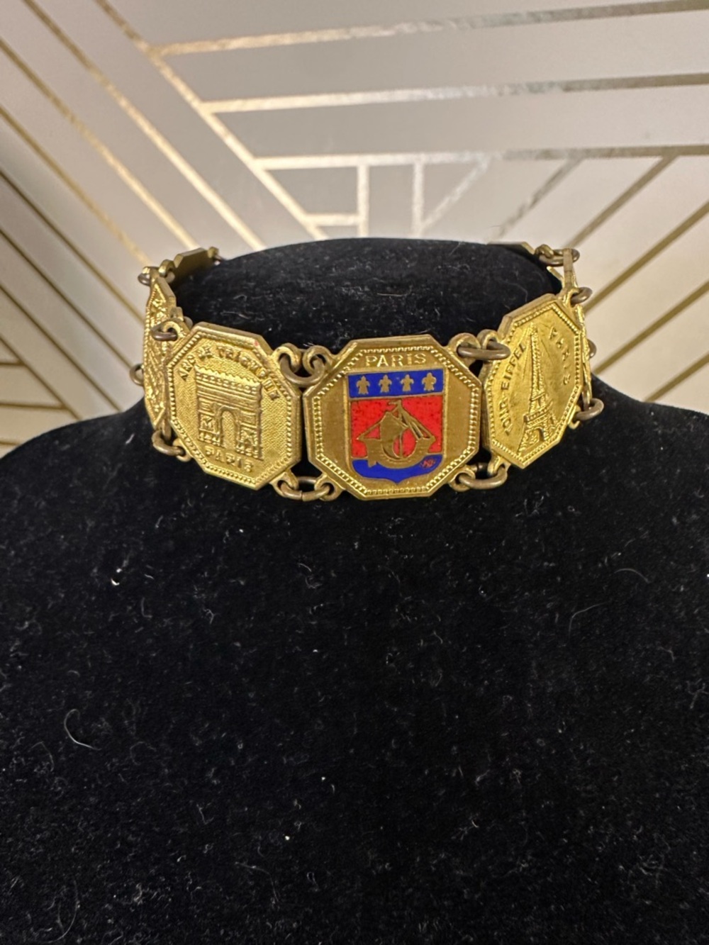 Source Unknown Gold-Tone Paris Souvenir Bracelet with Red and Blue Enamel